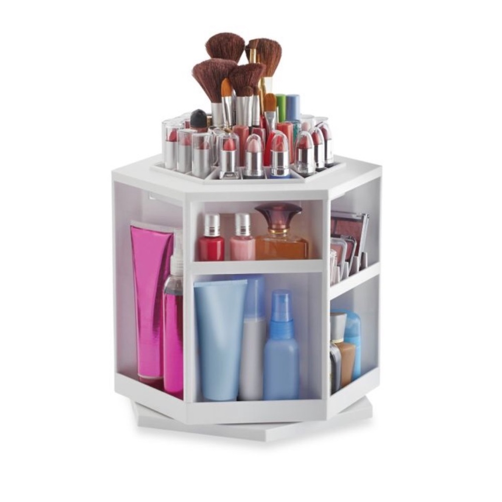 Lori Greiner spinning cosmetic organizer in white